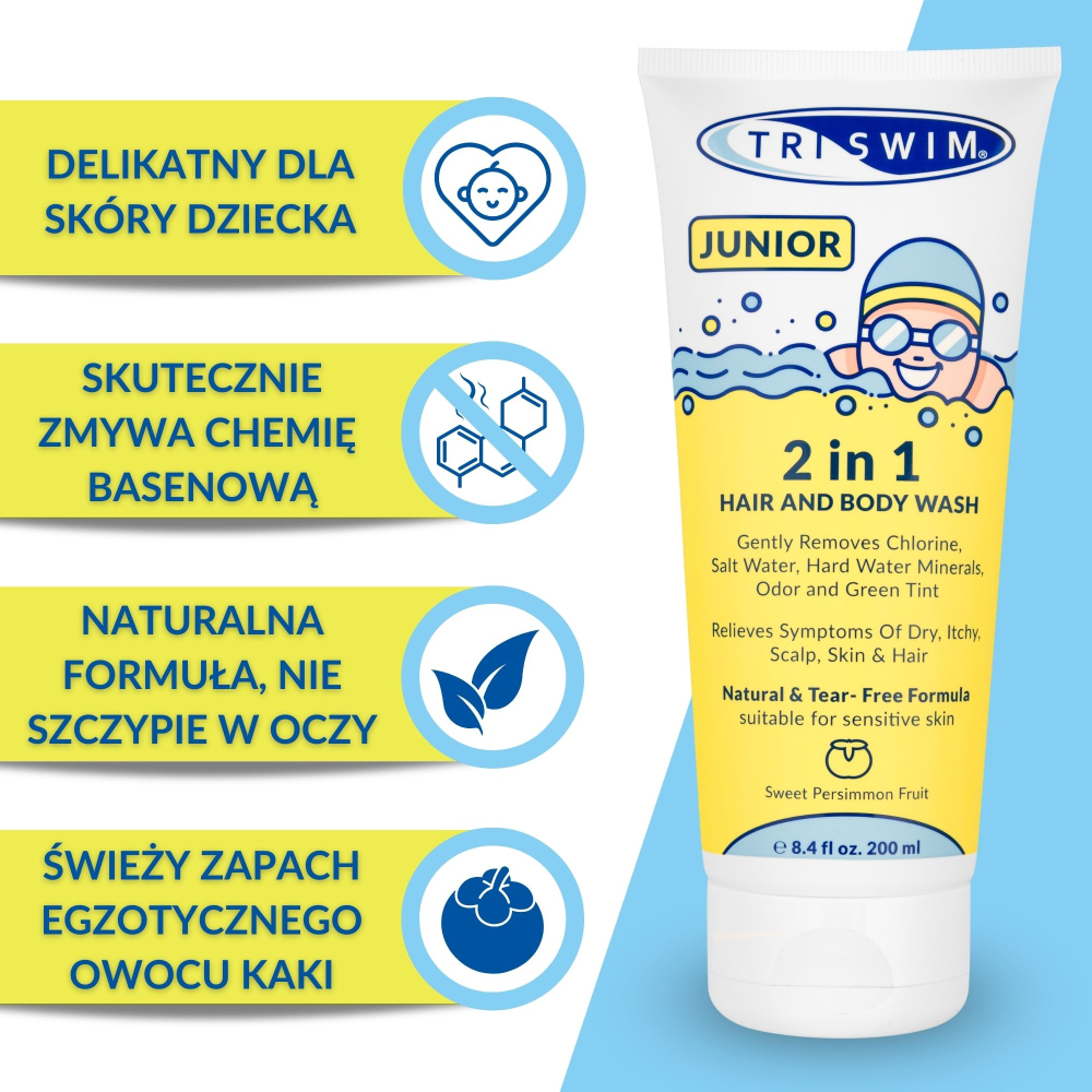 TRISWIM Junior Żel pod prysznic 2w1 do ciała i włosów po basenie 200 ml Kaki