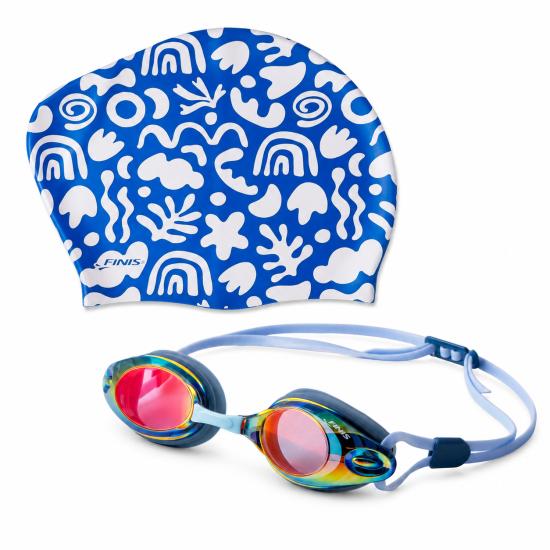 Zestaw Blue – czepek Long Hair Blue Abstract + okularki Bolt Glacier Mirror